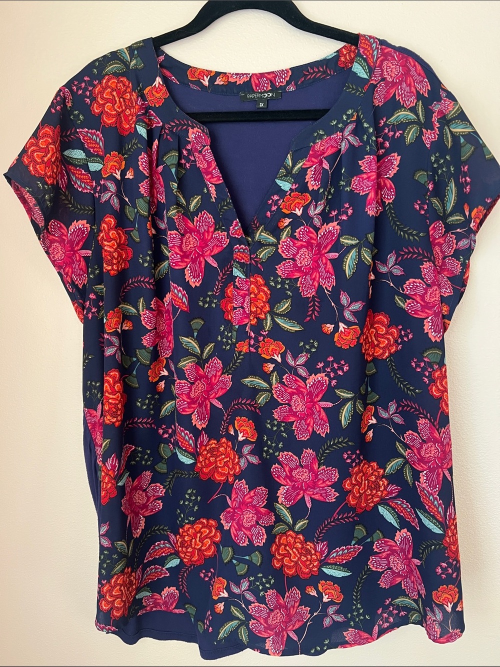 Papermoon Navy Floral V-Neck Blouse with Pink & Orange Blooms